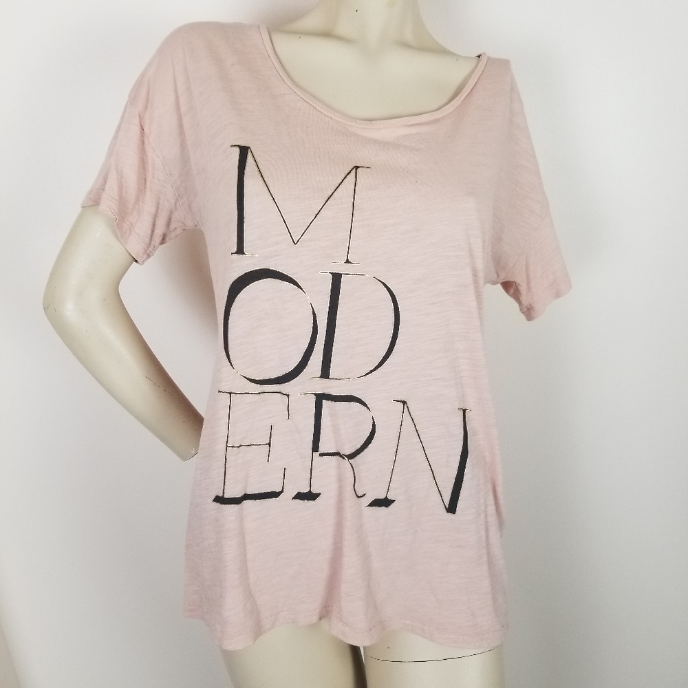 J. Crew tee, blush print says "modern" medium